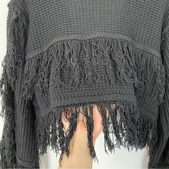 Tularosa Fringe Cardigan Sweater Womens Size Small Black Tie Front Cropped - Picture 8 of 12